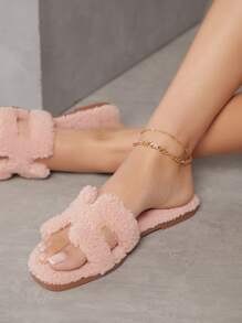 SHUZIA All-Time Women's Soft Cozy Warm Plush Luxe-Inspired Harness Cutout Open Toe Fleece Pink Slide Slippers Summer Shoes Spring Shoes Spring Break Easter Vacation Shoes Casual Shoes Beach Shoes Mother's Day Present