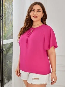 SHEIN Clasi 大碼繫帶領蝴蝶袖襯衫 - 玫紅色 - 查看 4