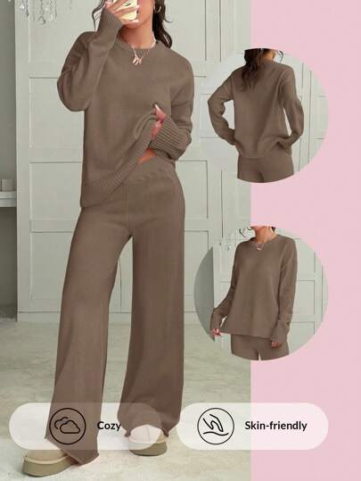 SHEIN EZwear Plus Size Solid Color Crew Neck Long Sleeve Sweater And Pants Casual Matching Set, Autumn/Winter