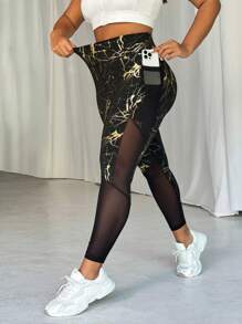 SHEIN Sport Studio Plus Size All-Over Print Elastic Waist Fitness Leggings, Suitable For Yoga Exercises