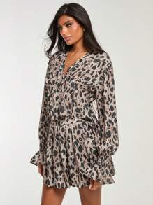 COSMINA 2pcs Women Leopard Print Bell Sleeve Blouse And Pleated Skirt Set, Casual For Autumn