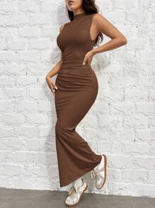SHEIN EZwear Coffee Brown Knit Bodycon Dress For Women - Coffee Brown - View 4