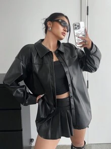 Flirla Chaqueta de piel sintética con cuello vuelto, de manga larga, estilo callejero casual de moda, chaqueta negra de piel sintética para invierno, tallas grandes - Negro - Ver 6