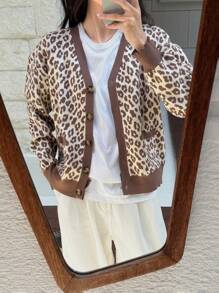 DAZY 女式豹纹落肩长袖单排扣休闲开衫，秋冬猎豹印花，秋季女装