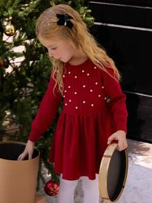 SHEIN Girls' Crew Neck Long Sleeve Knit Sweater Dress, Comfortable & Warm, Suitable For Autumn/Winter, Red, Fashionable & Versatile For New Year, Holidays, Daily Wear, Indoor, Outdoor, Travel