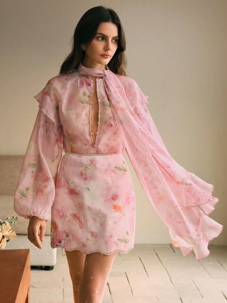 French Tea Party Floral Print Pearls & Rhinestones Accent Wavy Hem High Waist Skirt