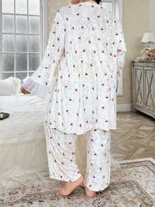 CottageSlumber Set de 3 piezas de bata de terciopelo con adorno de encaje y estampado de cerezas romántico, para otoño/invierno