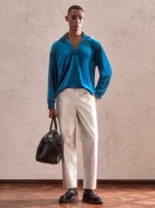 AKNOTIC Party 男士宽松版型宽松领口半襟长袖休闲 Polo 衫，适合秋季