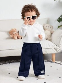 SHEIN 男婴宽松字母刺绣保暖内衬运动裤，休闲直筒裤，适合通勤、上学、旅行和运动，秋冬季 - 藏蓝色 - 查看 6