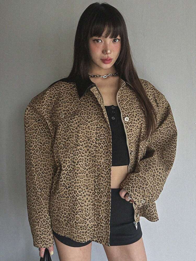 Women Contrast Color Patchwork Leopard Print Loose Fit Casual Jacket Cheetah Print Women Coats