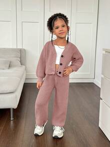 SHEIN Leap Crew Young Girl 2pcs Set Solid Cardigan And Knitted Skinny Pants Sweater Suit,In Fall/Winter - Pink - View 1