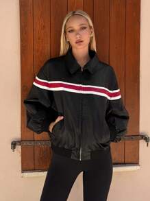 SHEIN EZwear Veste casual à manches longues avec fermeture éclair avant et poches, en blocs de couleurs, pour l'automne/hiver, nouveauté pour femmes