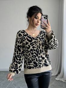 Chiquease 女士豹纹蝴蝶结长袖毛衣