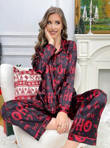 Women Christmas Fun English Snowflake & Red Atmosphere Faux Silk Pajamas Top & Bottom Set - Black - View 1