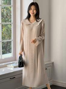 DAZY Women's Solid Color Long Sleeve Collared Simple Long Dress, Casual Everyday Wear