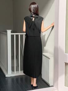 DAZY Vestido casual de mujer de unicolor con cuello en V y bajo plisado, vestido largo de verano tipo sundress - Negro - Ver 6