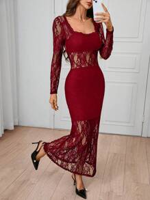 SHEIN Clasi Women's Fashionable Versatile Fashion Black Lace Mermaid Party Dress, Autumn/Winter