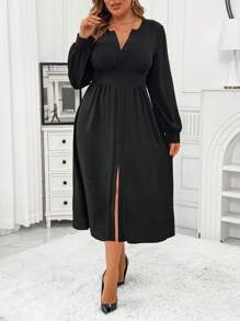 SHEIN Unity 加大码纯色甜心领高开叉收腰中长连衣裙长款女装 - 黑色 - 查看 3