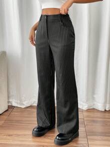 Flirla 女式性感低腰条纹喇叭裤，带口袋 - 黑色 - 查看 5