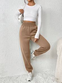 SHEIN PETITE Solid Elastic Waist Spring Sweatpants Simple Fashion Daily Casual - Khaki - View 5