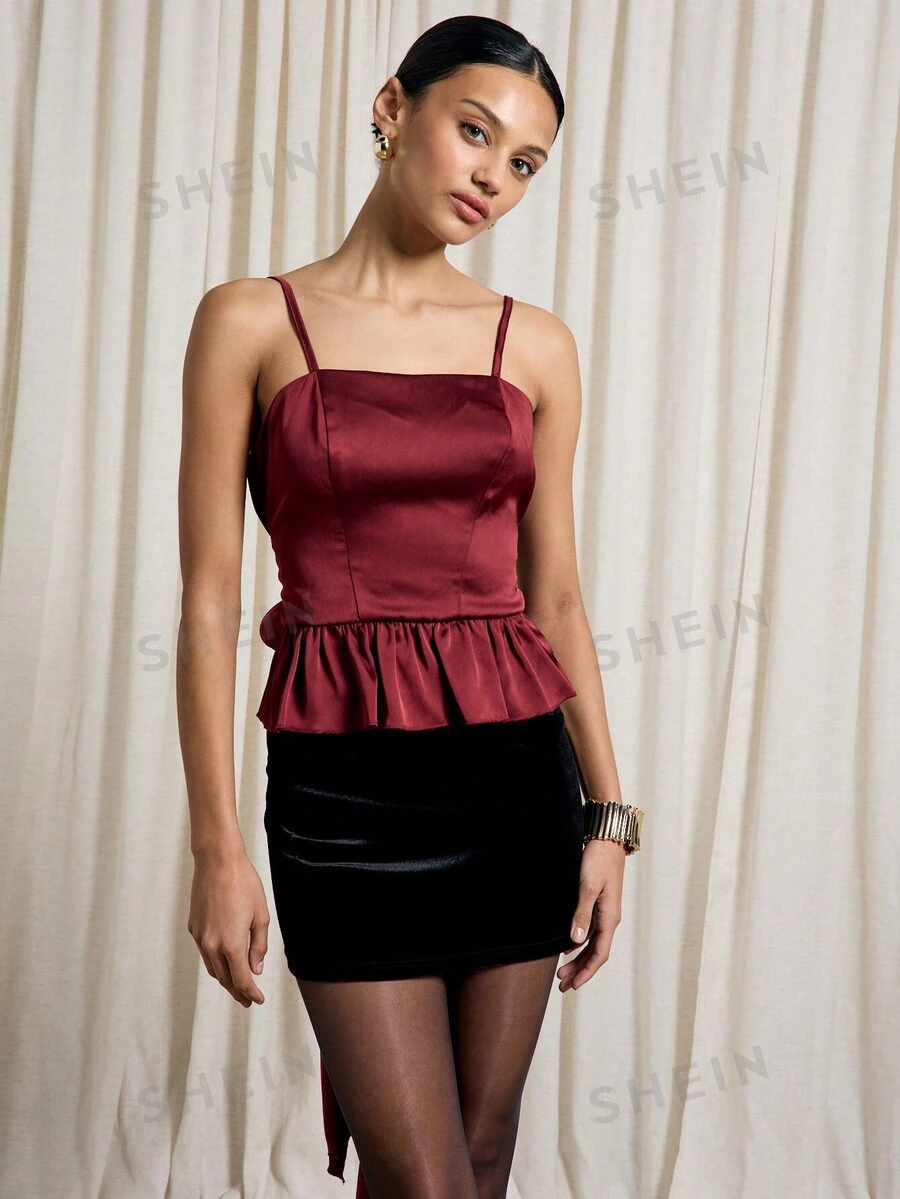 AiiRZ Blusa de satén con detalle de lazo en la espalda, elegante para ocasiones especiales como fiestas, eventos formales y vacaciones. Diseño sin mangas de top con peplum.