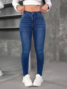 SHEIN EZwear Women's Front Button Pocket Simple Denim Jeans, Casual Daily Wear