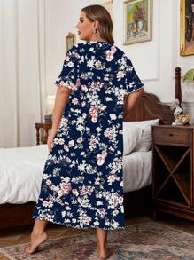 Plus Size Floral Allover Print Round Neck Short Sleeve Simple Nightgown, Casual Loungewear, Moo Moo Sleep Dress - Navy Blue - View 2