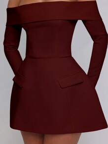INAWLY Women Elegant Off-Shoulder Long Sleeve Pocket Casual Simple Mini Dress, For Valentine's Day, New Years Party Fall Cloth For Women - Redwood - View 3