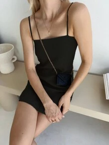 INAWLY Đầm bodycon dây mảnh cỡ lớn màu đen trơn - màu đen - Xem 3