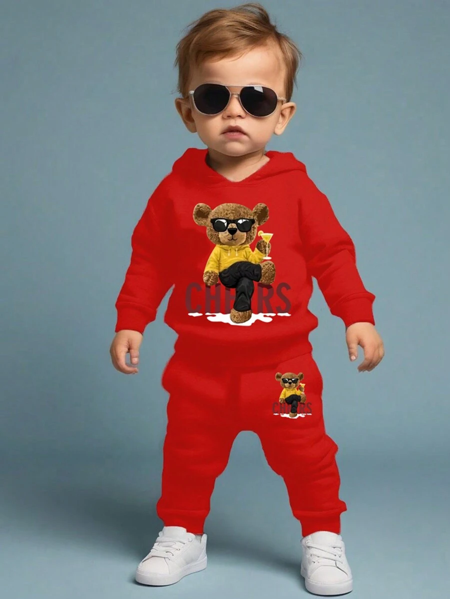 Bebeluș băiețel la modă versatilă drăguț literă și desene animate ursuț imprimeu hanorac și pantaloni ținută casual