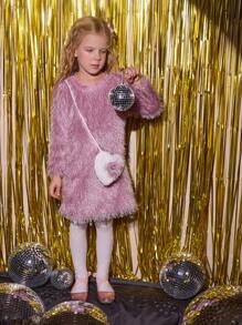 SHEIN Vestito elegante da ragazza per San Valentino con decorazione a fiocco in pelliccia a forma di cuore e nappa, adatto per uscite, vacanze, feste, primavera e autunno