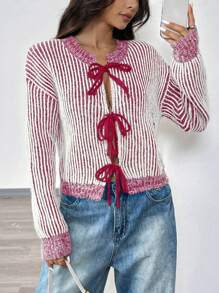 Chiquease Casual Striped Lace-Up Raglan Cardigan For Autumn/Winter Fall Cloth For Women