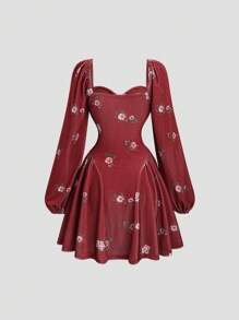 Sweetra 女士短款天鹅绒花卉印花长袖褶皱连衣裙，优雅适合派对和夜间活动 勃艮第迷你短款女装 - 酒紅色 - 查看 2