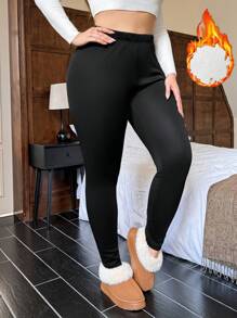SHEIN Privé Plus Size Women Casual Solid Color Christmas Long Leggings, Warm Tight Pants For Autumn/Winter