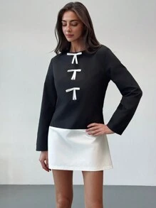 Aloruh Damen Einfarbig Patchwork Rundhals Langarm Schleife Dekor Lässig Kurz Kleid