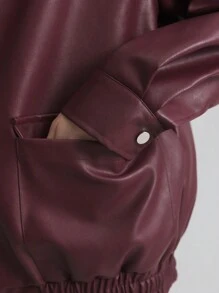 Ontre Women's 2025 New Spring Apparel Stand Collar Zipper Style Real Pocket Angola Red New Year Winter Ladies Outerwear Barn Style Jacket PU Leather Jacket Burgundy Red Stand Collar Long Sleeve Wide Strap Regular Outerwear - Burgundy - View 8