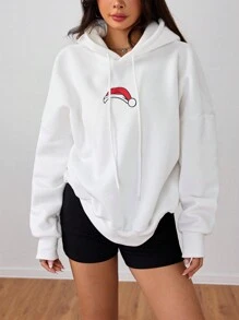 SHEIN Unity Áo hoodie nữ kiểu dáng thường ngày in họa tiết Giáng sinh, có lớp lót giữ nhiệt, thích hợp cho mùa thu. - trắng - Xem 5