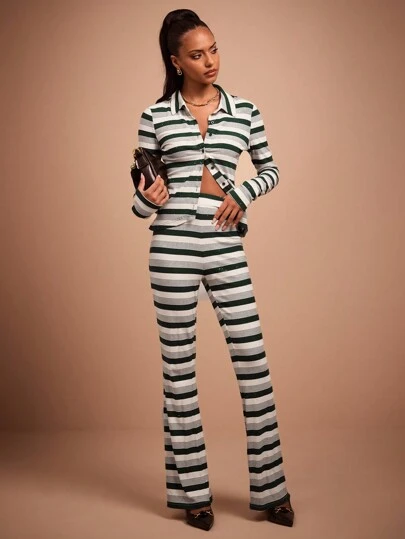 COSMINA Women Cream & Green Striped Knitted Top, Autumn/Winter