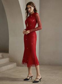 Anewsta 女士纯色镂空长袖简约长款连衣裙新年衣服长款女装 - 紅色 - 查看 3