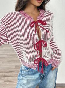 Chiquease Casual Striped Lace-Up Raglan Cardigan For Autumn/Winter Fall Cloth For Women