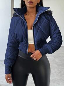 VaVaBold Abrigo acolchado con capucha, de unicolor, cuello con cremallera y parches, esponjoso para mujer en invierno