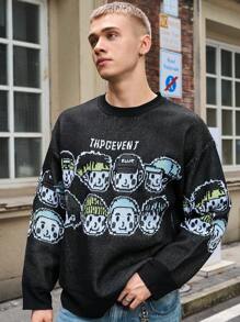 Manfinity Hypemode Men's Cartoon Pattern Round Neck Casual Loose Knitted Sweater, Autumn/Winter - Black - View 6