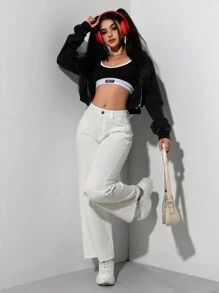 SHEIN PETITE 休闲百搭直筒白色牛仔裤 - 白色 - 查看 6