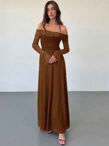 Aloruh 现代街头服饰 女式黑色长袖伞形下摆网眼长裙 - 棕色 - 查看 4