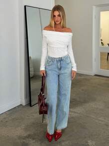 Aloruh Women Fashionable Vintage Ruched Off The Shoulder Textured Fabric Long Sleeve Casual White T-Shirt Top - White - View 5