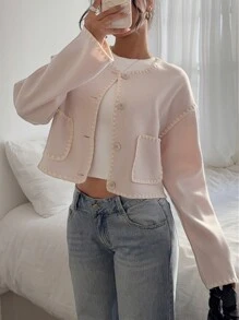 Siren Gaze Veste col rond pour femmes, veste à bordure contrastée brodée, veste de style casual de rue pour femmes, vêtements de bureau
