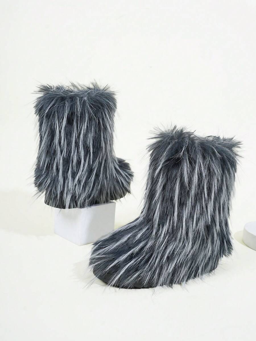 Sugerpunk Women's Fuzzy Minimalist Flat Snow Boots, Casual Daily Wear For Christmas And New Year Holiday Vibe Fall And Winter - Black and White - View 1