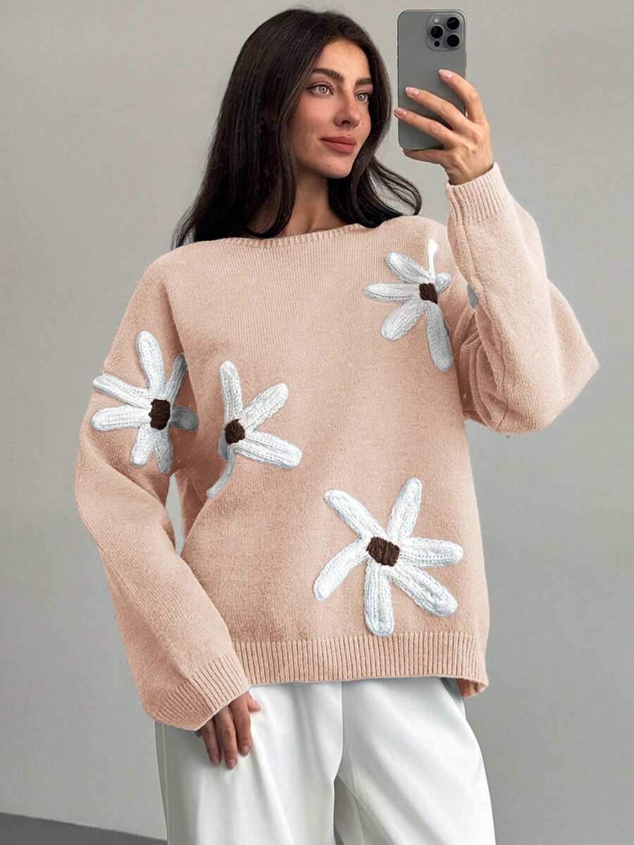 Aloruh 浪漫 3D 花卉装饰宽松长袖保暖可爱女式毛衣 - 杏色 - 查看 1