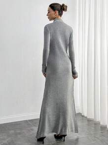 SHEIN Tall 女士前扣长袖口袋简约长裙，休闲日常穿着 - 灰色 - 查看 2