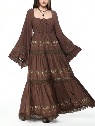 Hippie Boho Vintage Embroidery Flare Sleeve Lace Dress For Women, Autumn/Winter